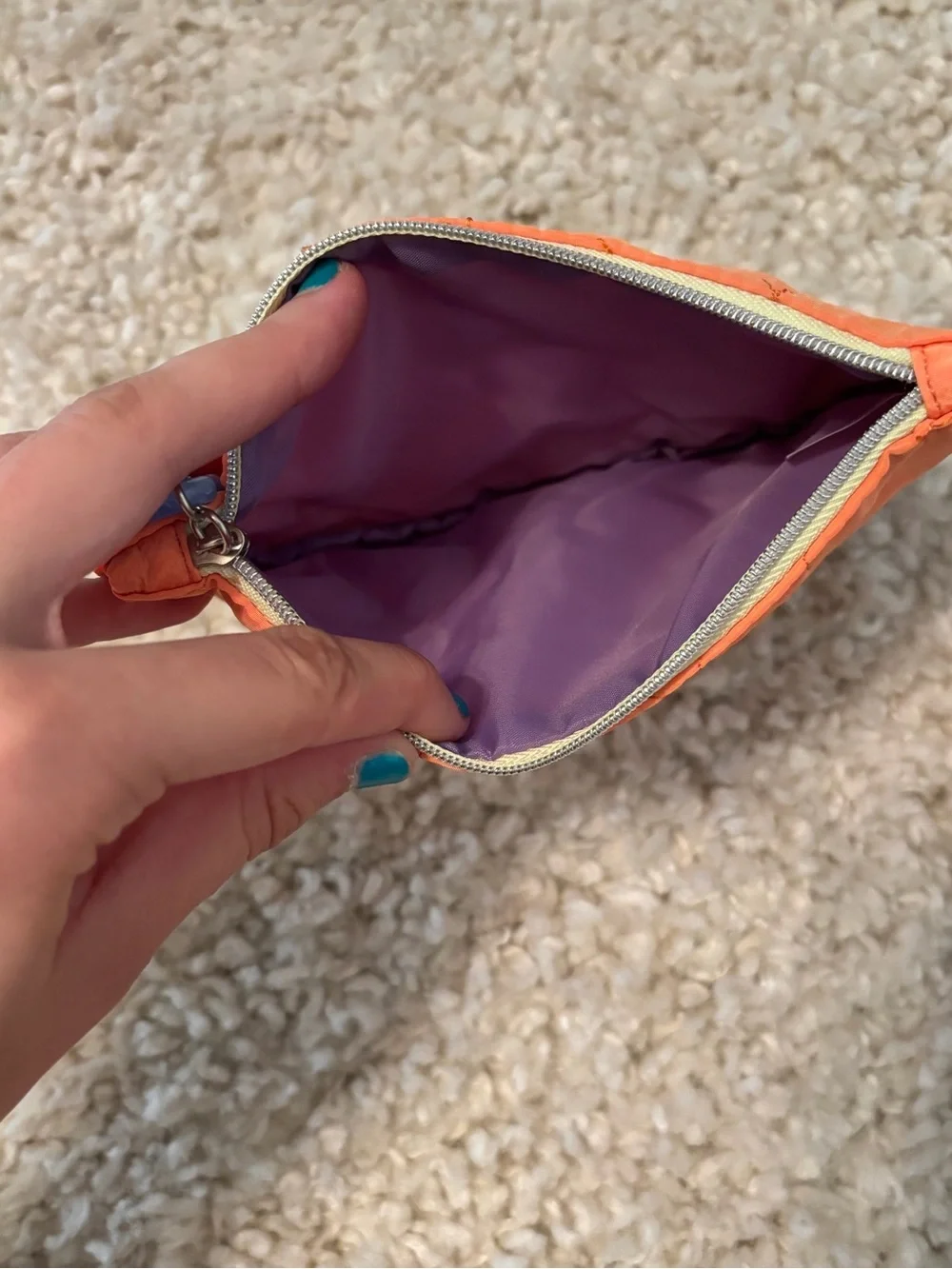 Quilted Orange Floral Makeup Purse with Purple Flower Pull